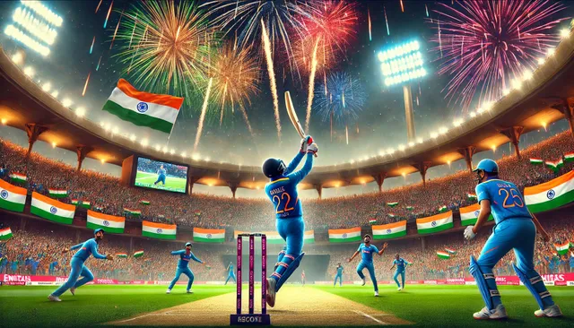 DALL·E 2025-01-26 01.44.04 - A stunning and action-packed digital painting of India's historic victory against England in the second T20 match. The focal point is Indian cricketer.webp