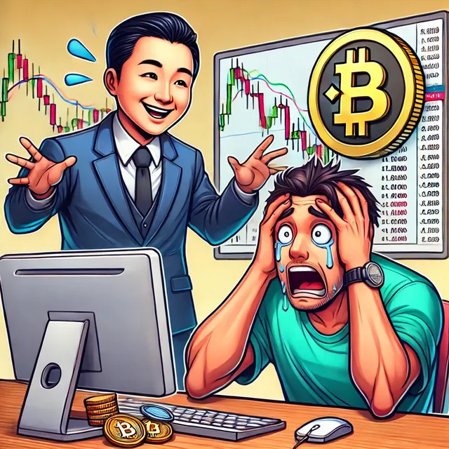 DALL·E 2024-07-23 20.58.42 - A cartoon depiction of Changpeng Zhao (CZ), the CEO of Binance, giving advice on a computer screen. In the background, a crypto trader looks shocked o.webp