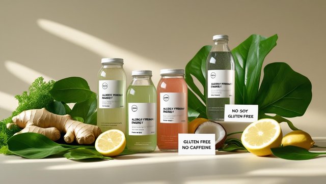 A minimal, health-focused flat lay featuring allergy-friendly energy drinks in clear glass bottles or jars with simple, label-free packaging. Surround them with natural, hypoallergenic ingredients like ginger, lemo.jpg