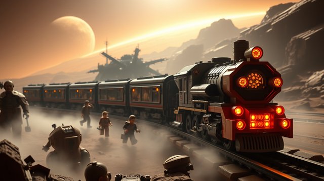 A dreamlike surreal scene a futuristic Lego train traveling to Mars, bathed in soft, epic light with a lens glow, fantastical elements, and diffused shadows. Massive scale, heroic composi.jpg