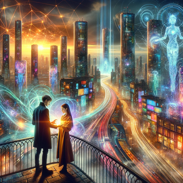 DALL·E 2024-02-01 20.19.16 - In a futuristic cityscape of Neo-Eden, where towering skyscrapers are intertwined with neon lights and a quantum grid, a young couple stands on a balc.png