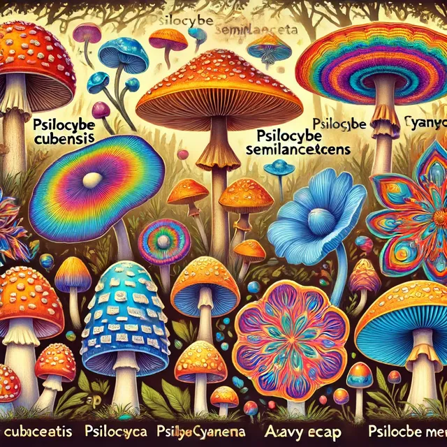 DALL·E 2024-06-18 05.49.06 - A visual representation of various types of psychedelic mushrooms. Include illustrations of Psilocybe cubensis, Psilocybe semilanceata (Liberty Cap), .webp