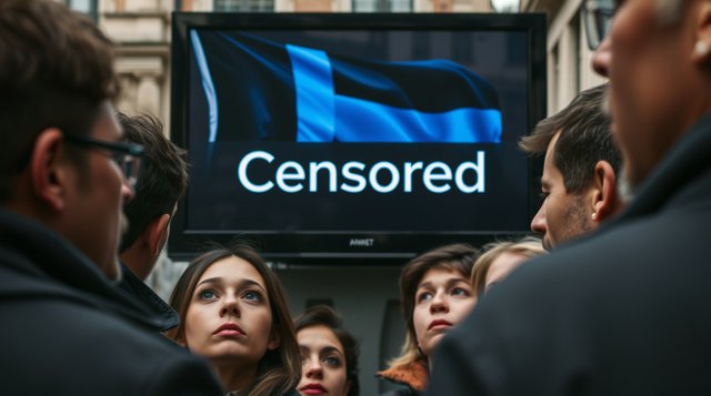 Tight close-up candid street photograph of a group of people with shocked expressions watching a TV screen displaying a black and blue flag and the word Censored in bold white sans-serif .jpg