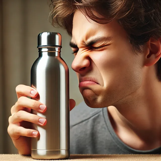 A person standing near a metal water bottle, holding their nose with a disgusted expression, as if smelling something unpleasant from the bottle. The .webp