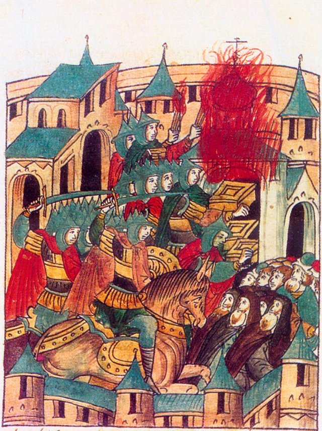 Sacking of Suzdal by Batu Khan in February, 1238 A miniature from the sixteenth century chronicle.jpg