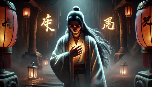 DALL·E 2024-09-06 13.03.36 - A highly detailed 3D image in Pixar animation style, set in ancient China. The scene shows Li Zixuan standing in the underworld, looking down in deep .webp