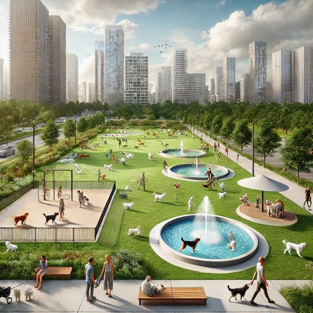 An urban park featuring a large dog park, pets playing safely.jpg