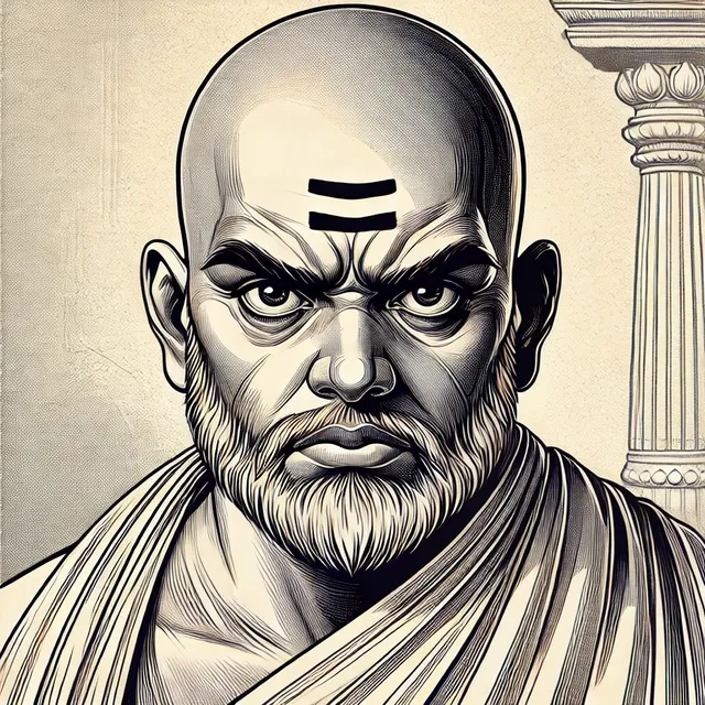 DALL·E 2024-07-03 11.02.20 - A detailed illustration of the original Chanakya from ancient India looking angry. He has a bald head with a top knot, intense eyes, and a furrowed br.webp