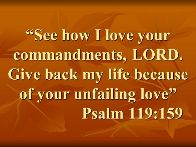 God's unconditional love. See how I love your commandments, LORD. Give back my life because of your unfailing love. Psalm 119,159.jpg