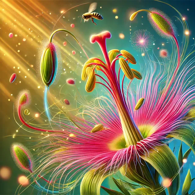 DALL·E 2024-10-22 23.59.17 - An eye-catching and vibrant illustration of plant biology, focusing on the process of plant reproduction. The image features a close-up view of a flow.webp