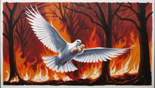 A dove is flying carrying one his small chick while the trees are burning with fire all around .jpg