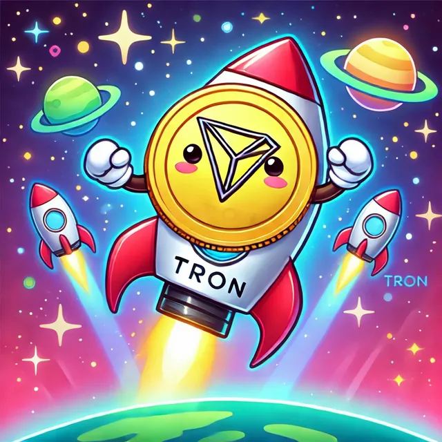 DALL·E 2024-12-12 21.27.05 - A cute animation-style illustration of a Tron (TRX) coin character flying into outer space like a rocket, with a cheerful expression and colorful boos.webp