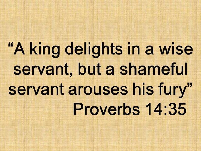 The wisdom of god is priceless. A king delights in a wise servant, but a shameful servant arouses his fury. Proverbs 14,35.jpg