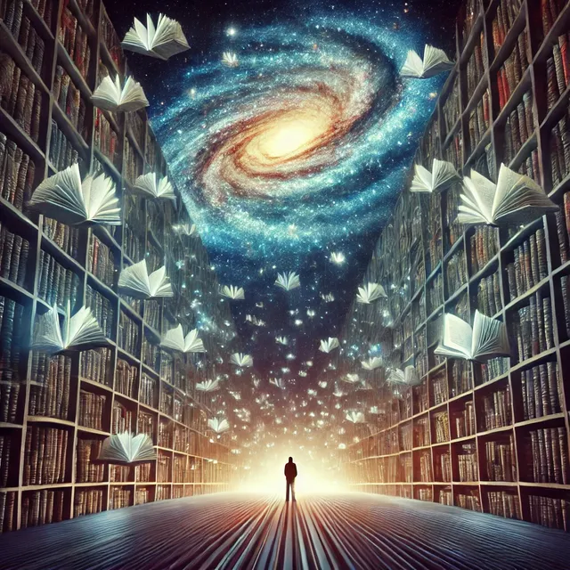 DALL·E 2025-03-11 11.38.21 - A surreal digital painting representing the concept of limitless knowledge. The image features an infinite library floating in space, with endless boo.webp