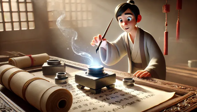 DALL·E 2024-09-18 05.36.35 - A 3D Pixar-style close-up image of the inkstone on Li Ming’s desk. As the ink is about to run out, it mysteriously refills itself, glowing with a soft.webp