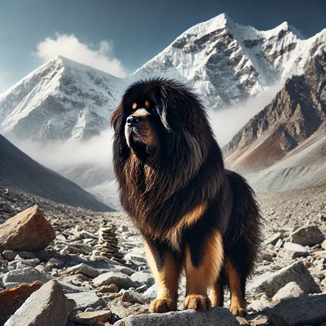 DALL·E 2024-09-04 15.41.18 - A majestic Tibetan Mastiff standing on rocky terrain in the Himalayas, with a backdrop of towering snow-capped mountains. The dog's thick, heavy fur a.webp