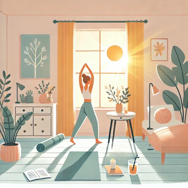 DALL·E 2024-09-21 17.33.05 - A peaceful morning scene showing a person doing light yoga in a cozy room with sunlight coming through a window. The room has soft pastel colors, plan.webp