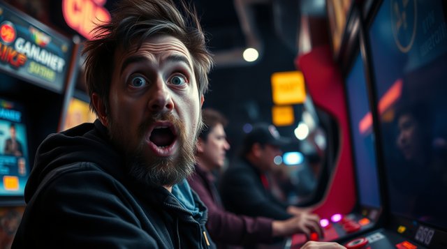 A candid street photography image showing an arcade player with a surprised expression. Intense dramatic lighting, urban scenes, spontaneous candid moments, and high contrast to create te.jpg