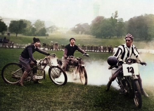 Soccer on motorbikes on the footbal pitch of Crystal Palace in London, England 1923. Colorized..jpg
