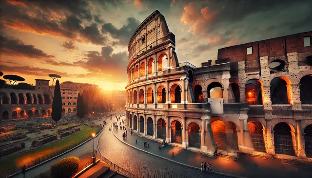 DALL·E 2025-01-18 08.58.46 - A majestic view of the Colosseum in Rome, Italy, captured at sunset. The ancient amphitheater is bathed in warm golden light, highlighting its intrica.webp