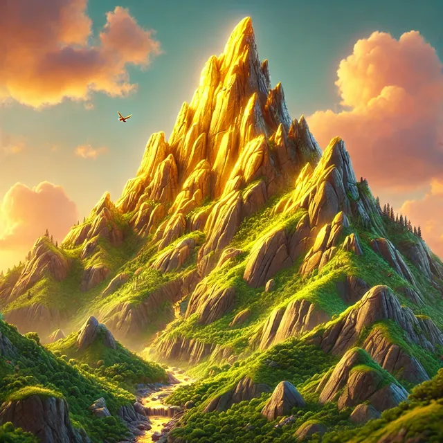 DALL·E 2024-08-31 08.02.48 - A highly detailed Pixar-style image of a golden mountain, bathed in warm sunset light. The mountain's surface glows with a golden hue, with detailed r.webp