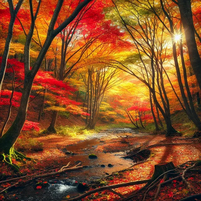 DALL·E 2024-07-01 07.13.02 - A vibrant autumn forest with trees displaying a variety of colors from red to yellow. A carpet of fallen leaves covers the ground, and a clear stream .webp