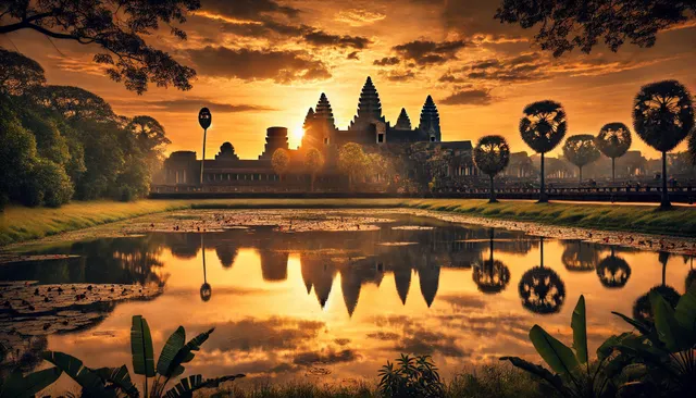 DALL·E 2025-01-12 14.11.20 - A breathtaking sunrise view of Angkor Wat in Cambodia, with its iconic lotus-shaped towers silhouetted against a golden sky. The temple's reflection s.webp