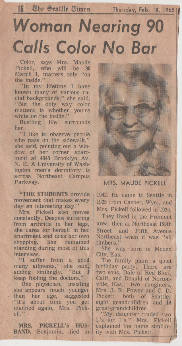 1968-02-18 - Thursday - Seattle Times - Maude Pickell - Almost 90 years old.png