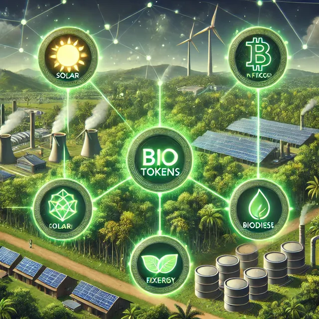 DALL·E 2025-02-18 10.56.22 - A futuristic illustration of bio tokens used for monetizing environmental services, now integrating solar energy, carbon fixation, biomass, and biodie.webp