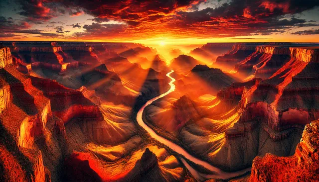 DALL·E 2024-12-01 11.14.58 - A breathtaking aerial view of the Grand Canyon at sunrise, showcasing dramatic red and orange rock formations, the winding Colorado River below, and a.webp