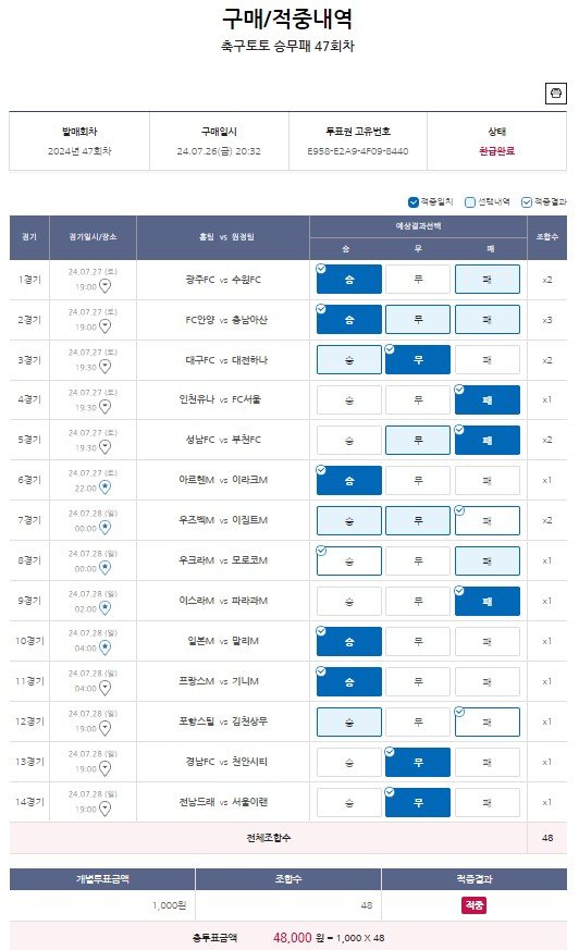 축구 토토 승무패 47회차-48000원-4등 당첨-1.jpg