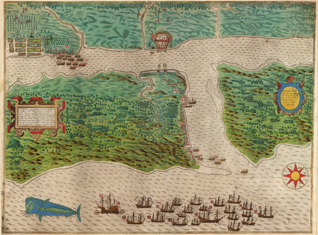 Map and views created to illustrate Bigges' and Croftes' Summarie and true discourse of Sir Frances Drake's West Indian voyage, 1589 (S. Augustine).png
