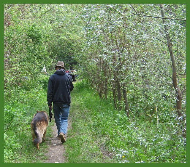 Bruno and Don heading off for walk down the lane.JPG