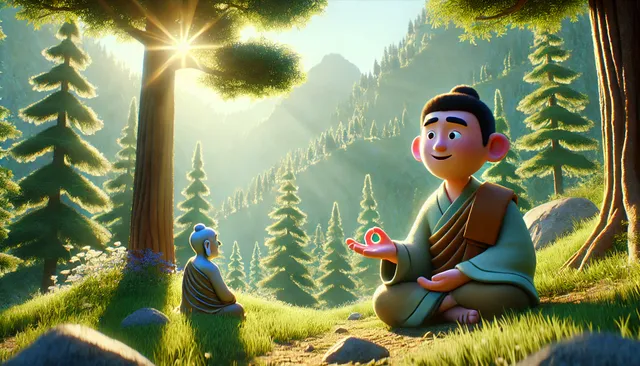 DALL·E 2024-09-14 07.21.28 - A 3D Pixar-style image set in a serene mountain forest, with soft, bright lighting. One of Buddha’s disciples sits cross-legged in the foreground, his.webp