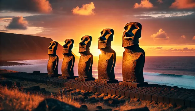 DALL·E 2025-01-19 08.58.51 - A captivating view of Easter Island's Moai statues at sunset, standing tall against a backdrop of the Pacific Ocean. The statues are bathed in golden .webp