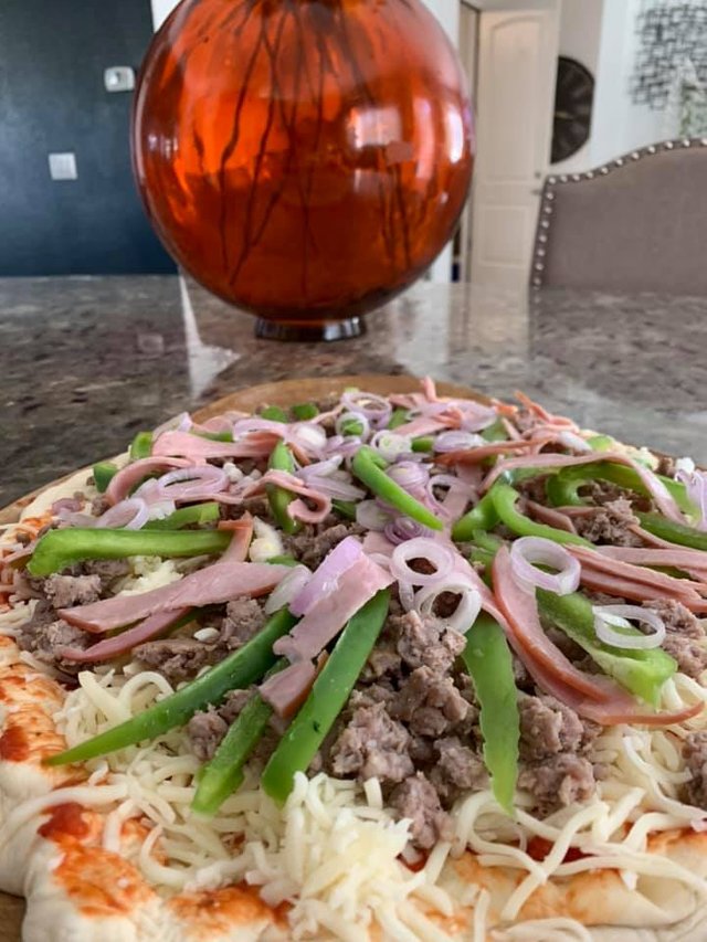 foodie pizza veggies and ham upclose.jpg