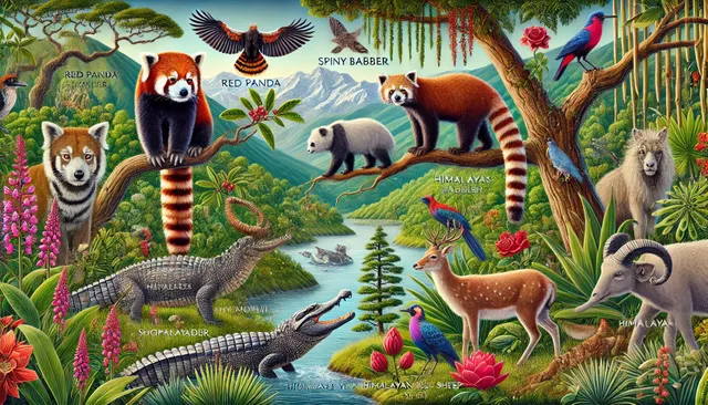 DALL·E 2024-07-20 20.54.33 - An illustration of a diverse ecosystem in Nepal, showcasing unique species such as the Red Panda, Himalayan Monal, Spiny Babbler, Nepalese Alder, Rhod.webp