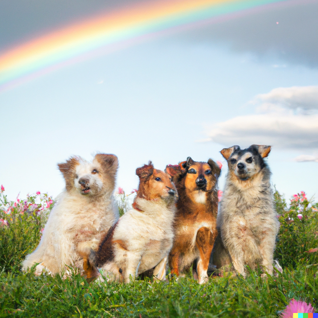 DALL·E 2022-07-19 17.43.09 - A group of cute dogs enjoyed watching the rainbow in a flowery field.png