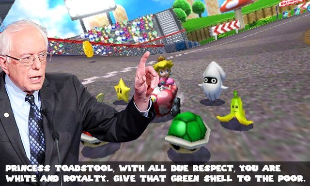 mario kart princess toadstool is white and privileged and socialist bernie sanders wants her green shell.jpg