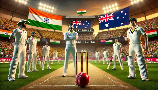 DALL·E 2024-12-19 23.18.54 - A captivating and intense image depicting the ongoing Test series between India and Australia, where three matches out of a five-match series have bee.webp