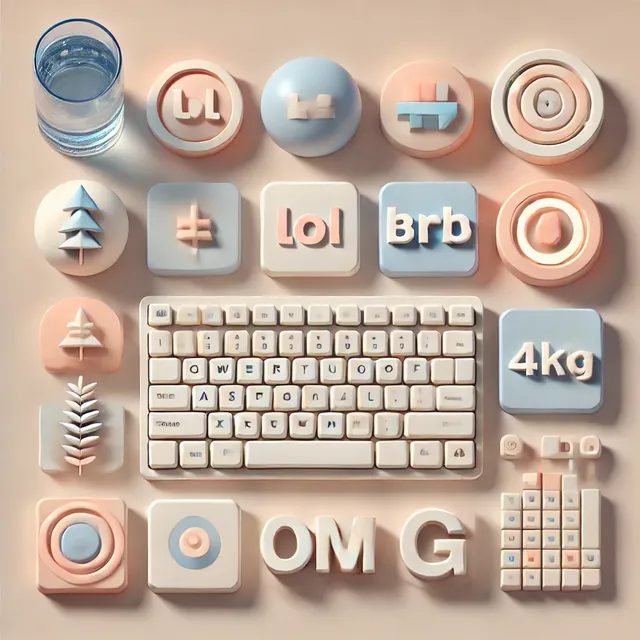 DALL·E 2025-01-08 02.25.30 - A calming Lofi music video visual concept paired with minimalistic representations of common American abbreviations such as LOL, BRB.webp