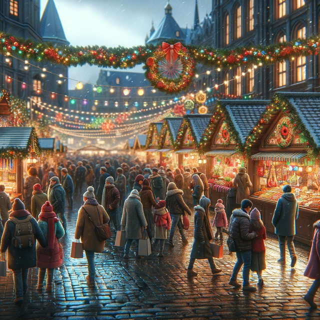 DALL·E 2023-12-23 16.41.23 - A realistic scene of a bustling Christmas market at night, with stalls selling holiday crafts, foods, and decorations. The market is adorned with colo.png
