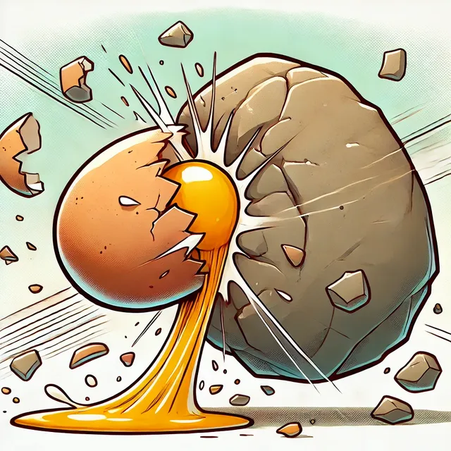 DALL·E 2024-11-13 19.29.08 - A cartoon-style illustration showing an egg breaking upon impact with a large stone. The egg is mid-air, just beginning to crack, with small fragments.webp