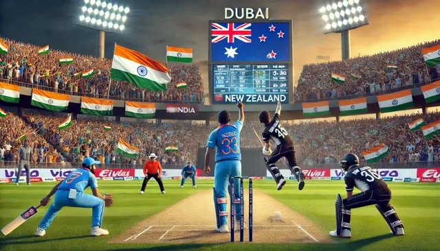 DALL·E 2025-03-02 22.58.23 - A high-stakes cricket match between India and New Zealand in Dubai. The stadium is filled with fans waving Indian and New Zealand flags. An Indian bow.webp