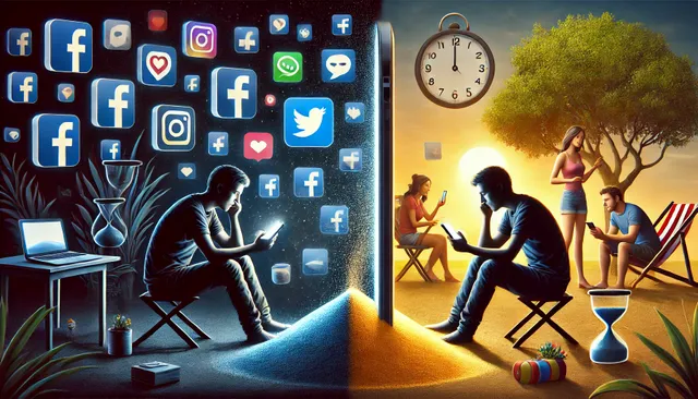 DALL·E 2025-03-09 16.23.45 - A digital illustration showing the negative effects of Facebook addiction. The image is divided into two halves_ On the left, a person is sitting in a.webp