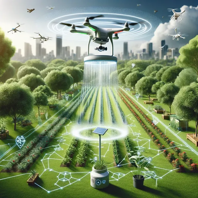 DALL·E 2024-03-25 15.16.29 - A conceptual art piece illustrating how technology, such as drones and smart irrigation systems, is being used to support and enhance urban green spac.webp