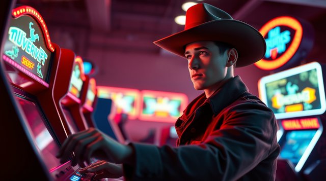 High-resolution stock photo, rich burgundy and deep blue hues. Epic lens glow lighting, modern future grand scene. A young, old-west sheriff, light skin, heroically playing an arcade game.jpg