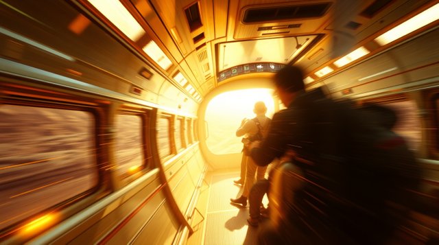 Dynamic motion within a futuristic Mars-bound train, warm candlelight flickering, blurred lines, action poses, warm glow.jpg