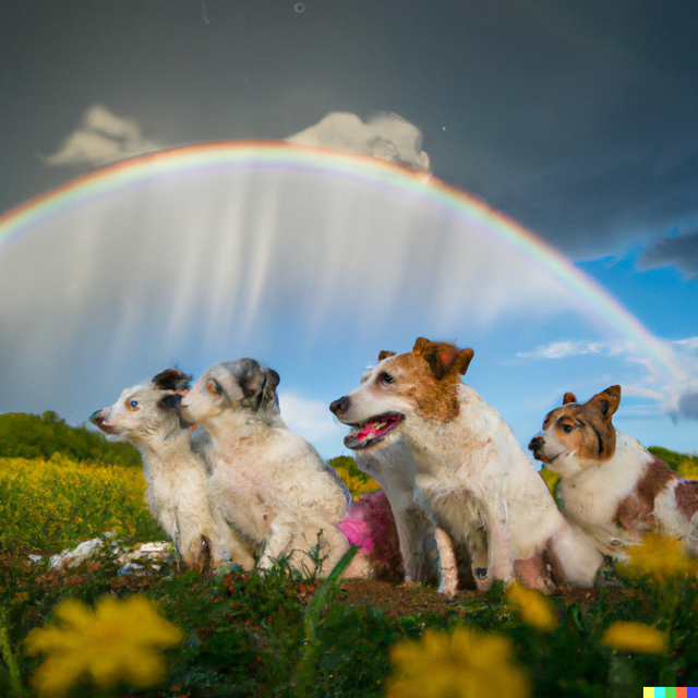 DALL·E 2022-07-19 17.43.33 - A group of cute dogs enjoyed watching the rainbow in a flowery field.png