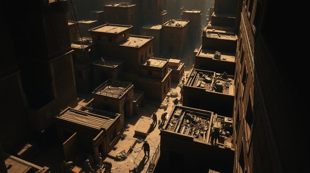 Contrasting chiaroscuro lighting, high angle perspective looking down on Roman workers building new city housing. Elevated viewpoint, strong contrasts, deep shadows.jpg